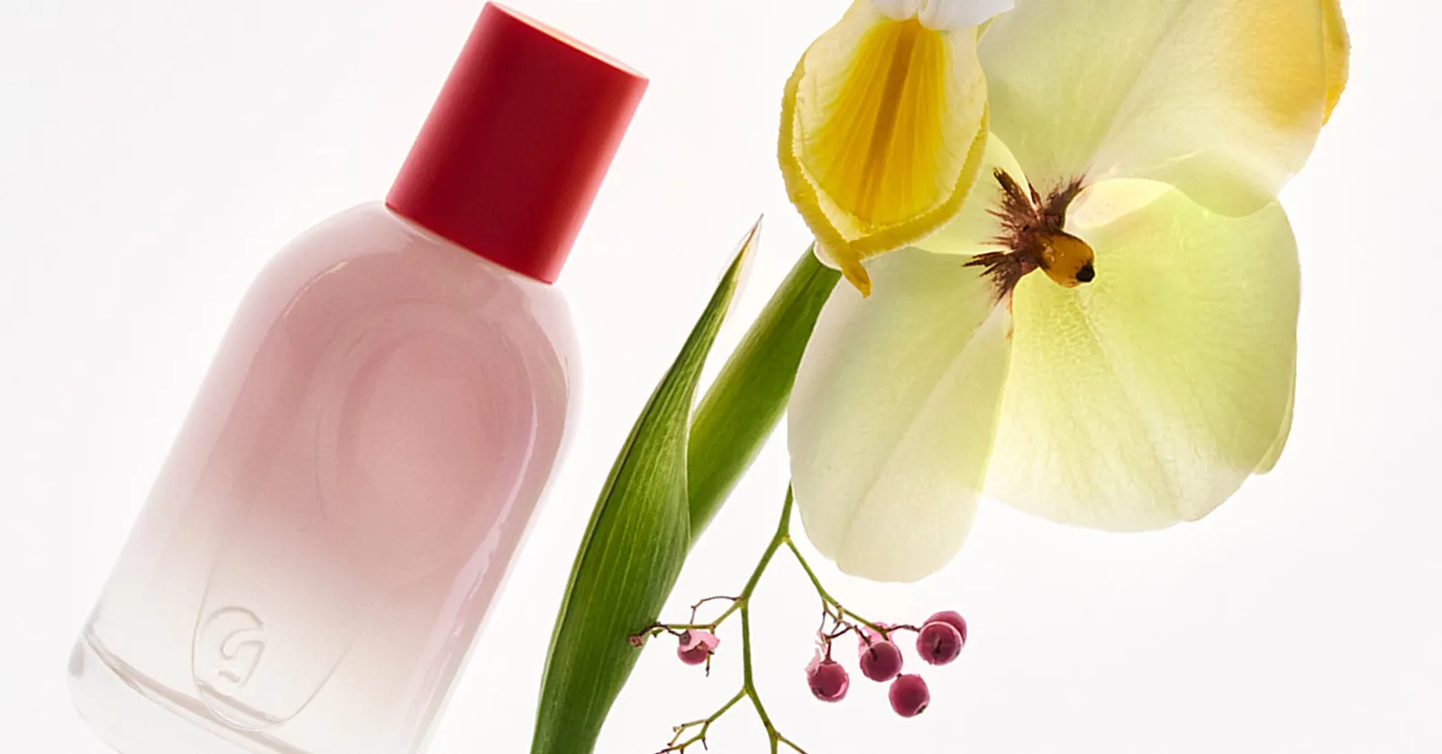 A perfume bottle beside a yellow flower