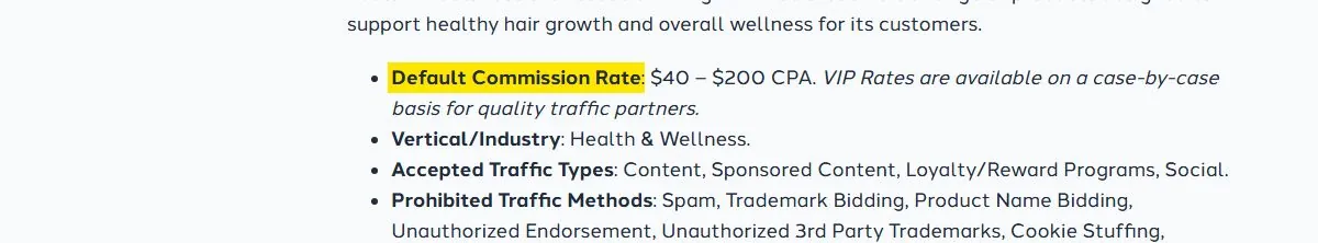 Nutrafol's affiliate terms: $40 to $200 per new customer, marked