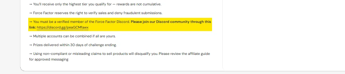 Force Factor's terms: rewards only for verified Discord members, marked