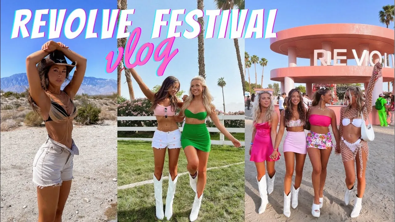Revolve Festival: four creators posing at the brand-built Revolve structure at Coachella