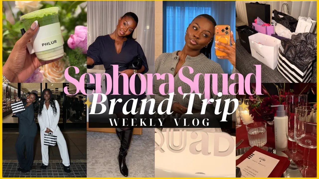 a Sephora Squad member's own brand-trip vlog: a Sephora gift bag, branded swag bags and a SQUAD dinner table