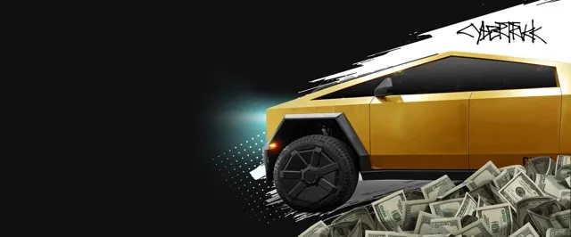 A gold Cybertruck beside stacks of cash