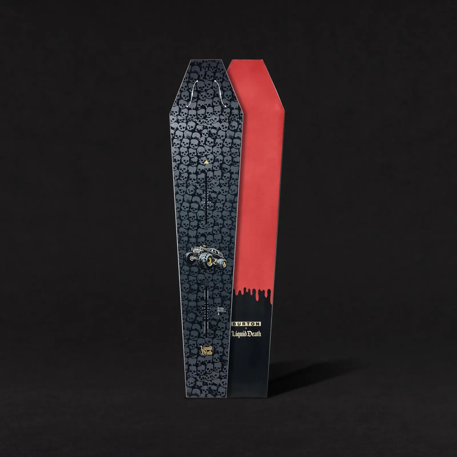 a real, finished custom co-branded Liquid Death snowboard, front and back