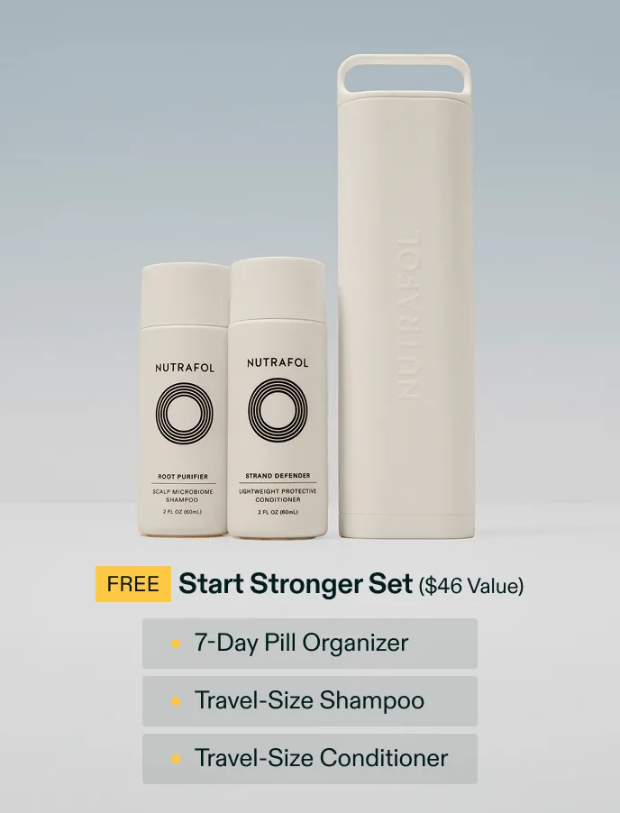 Nutrafol's own Start Stronger Set: travel-size shampoo and conditioner beside a pill organizer