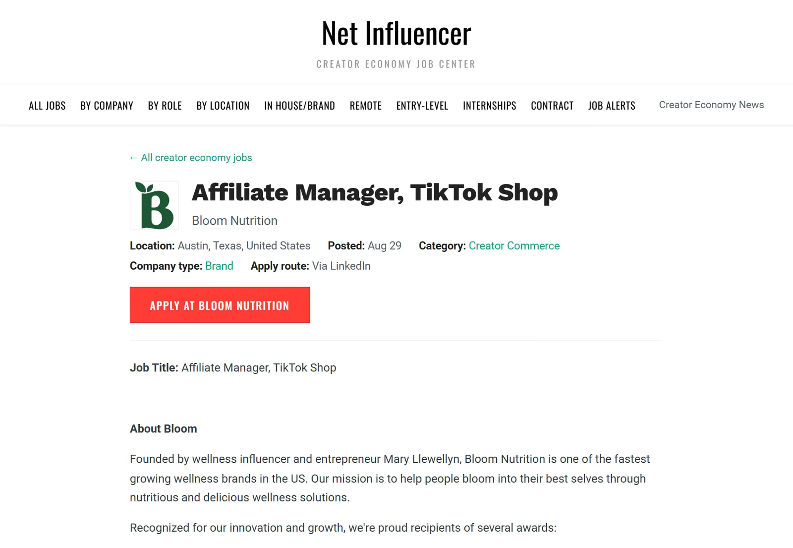 Bloom Nutrition's job post for a TikTok Shop affiliate manager (Netinfluencer)