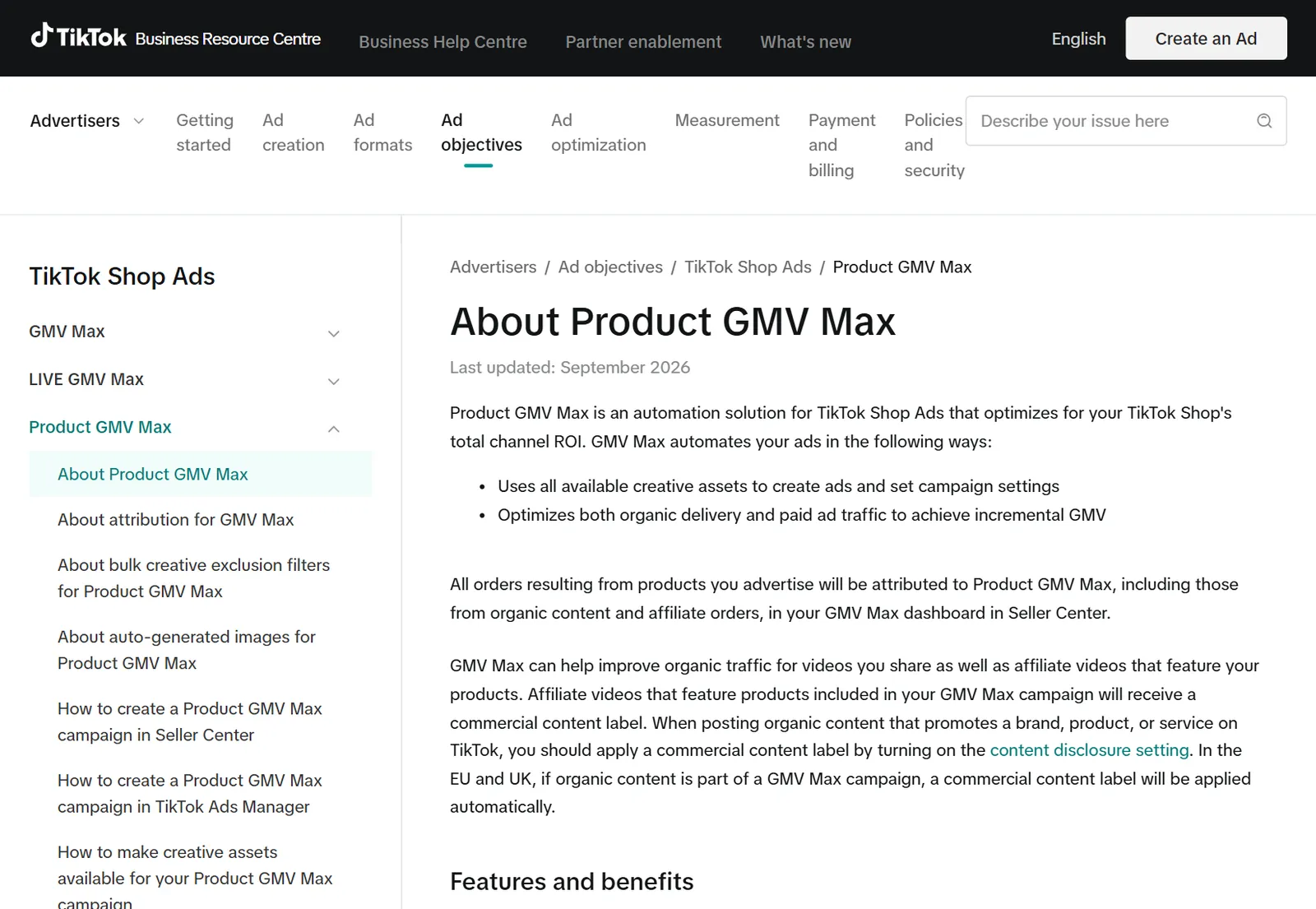 TikTok's own help page for Product GMV Max (TikTok Ads help center)