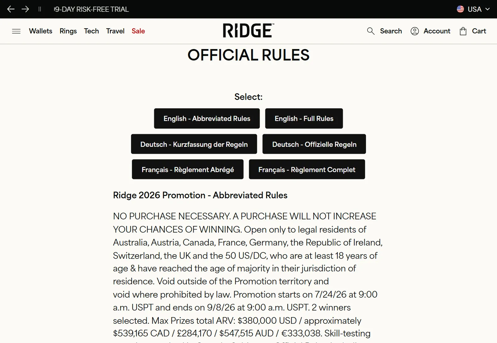 Ridge's 2026 summer sweepstakes rules page with the prizes (ridge.com)