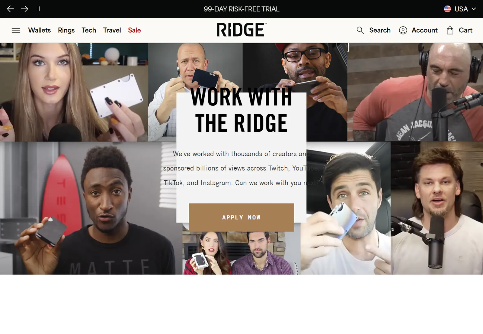 Ridge's own ambassador program page where creators apply (ridge.com)