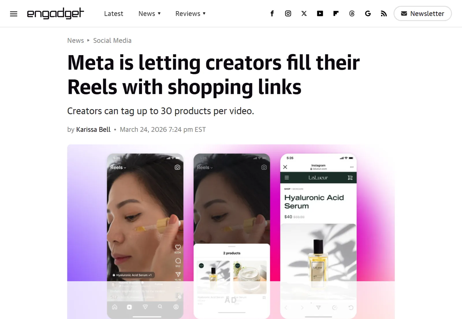 Engadget's report on Meta letting creators tag shopping links in Reels (Engadget)