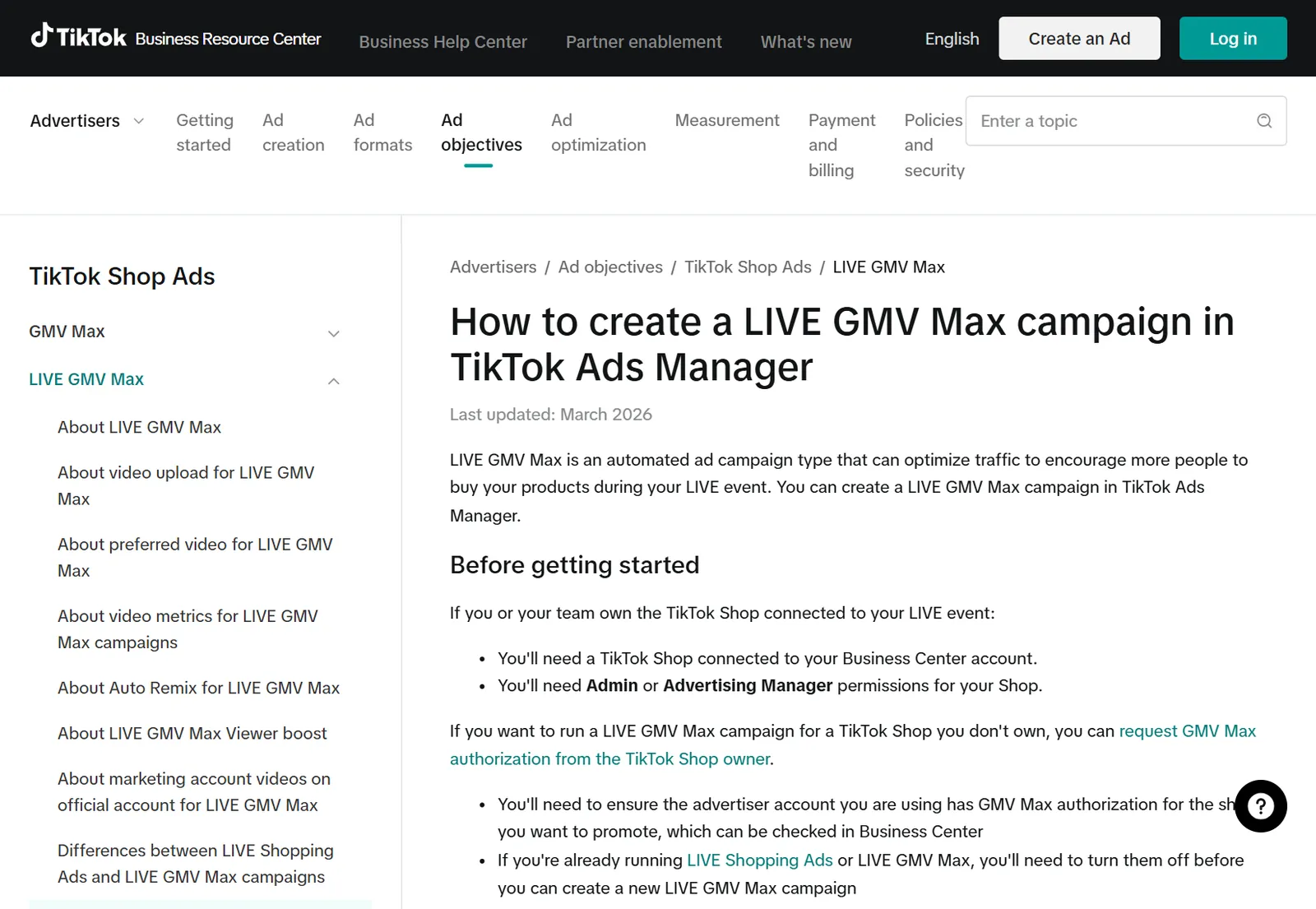 TikTok's help page for creating a LIVE GMV Max campaign (TikTok Ads Help Center)