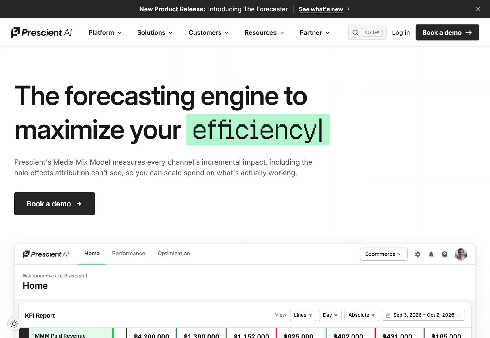 Prescient AI's own site for its media mix modeling tool (Prescient AI)