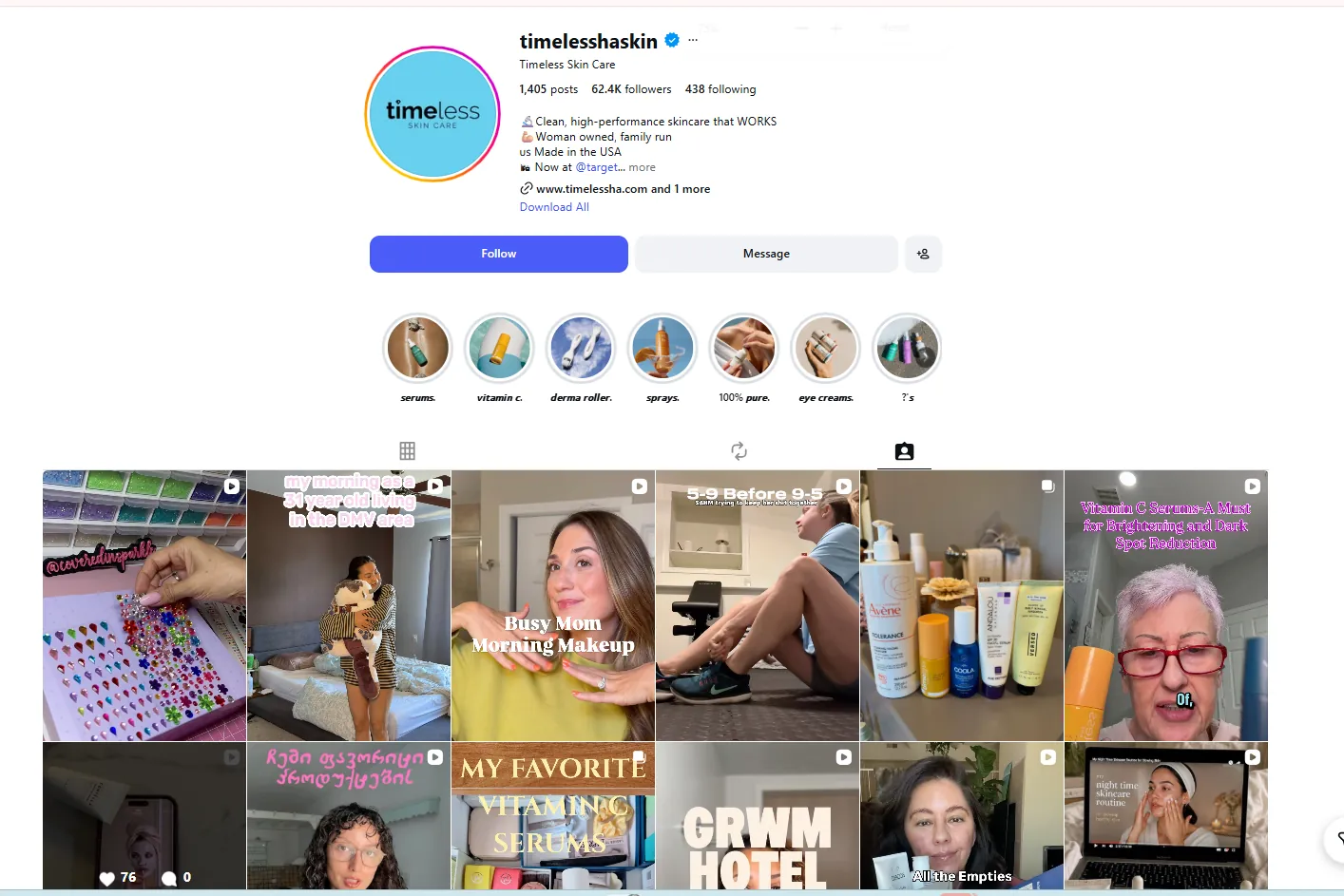 Timeless Skin Care's own Instagram profile and grid of posts