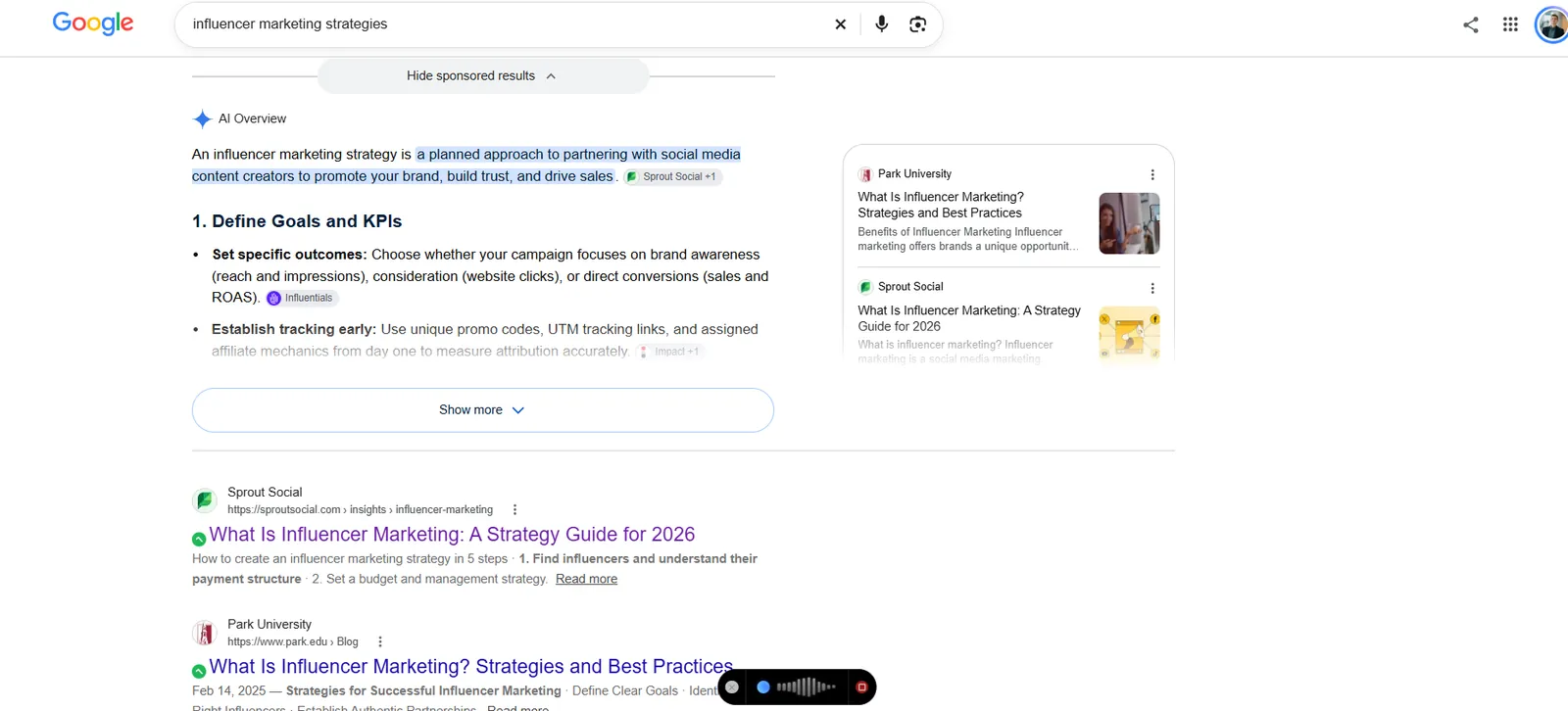 A Google search for influencer marketing strategies, where the AI Overview opens on define goals and KPIs