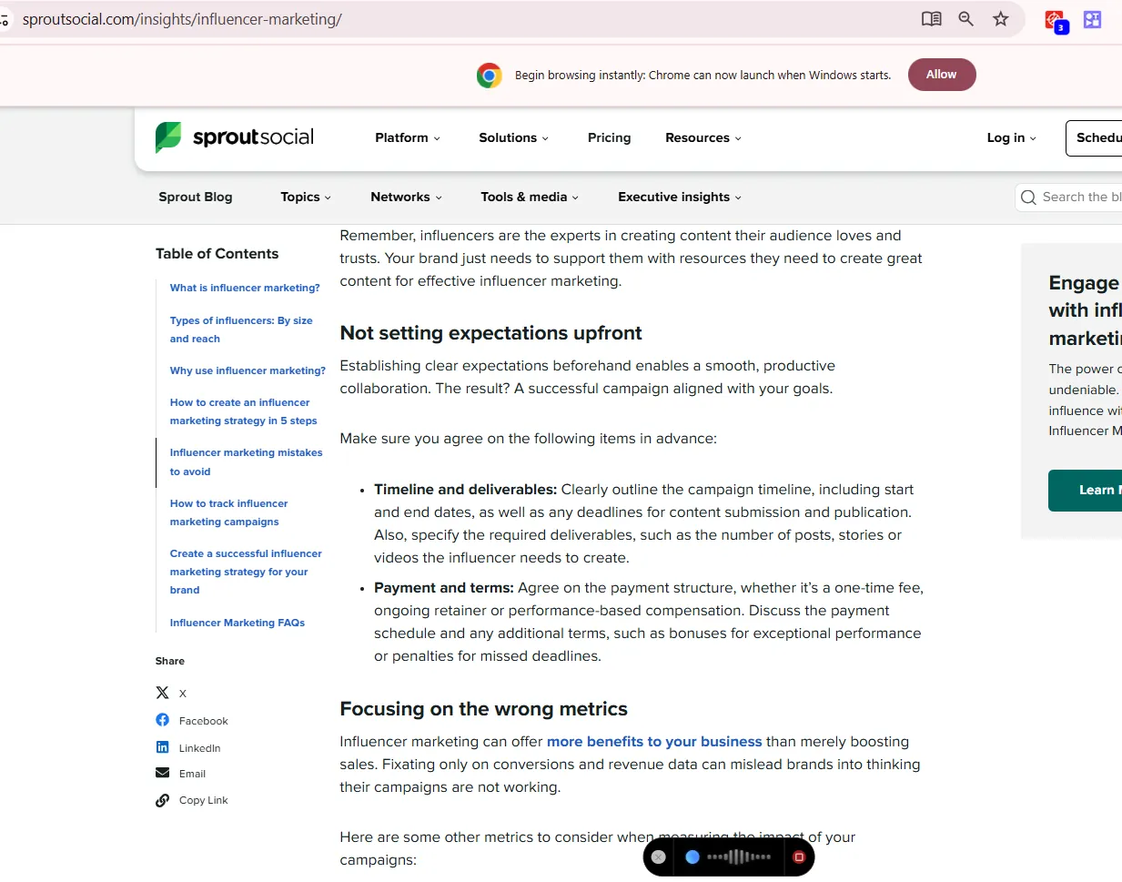 Sprout Social's influencer marketing strategy guide, open at its sections on not setting expectations upfront and focusing on the wrong metrics