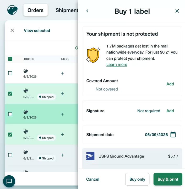 The Shippo app buying a label, showing USPS Ground Advantage at $5.17