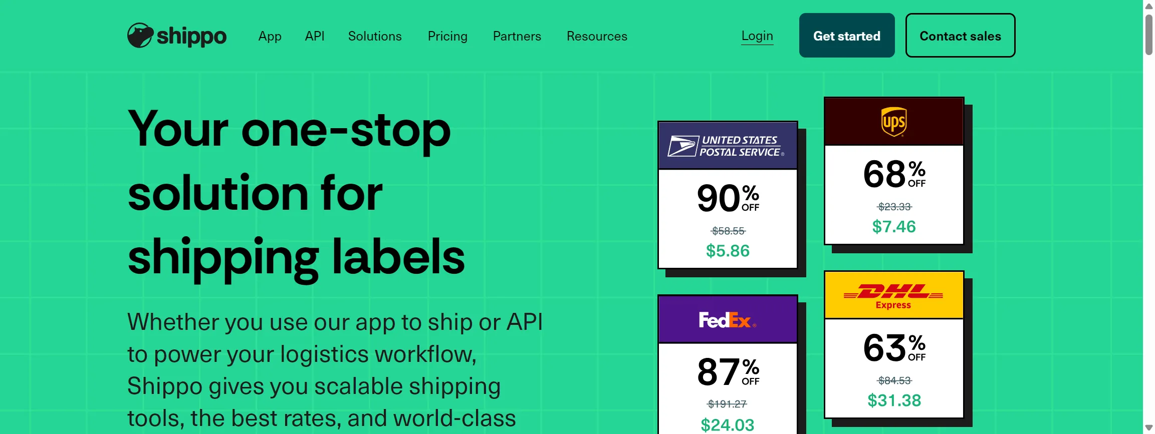 The Shippo homepage, one-stop solution for shipping labels with carrier discounts