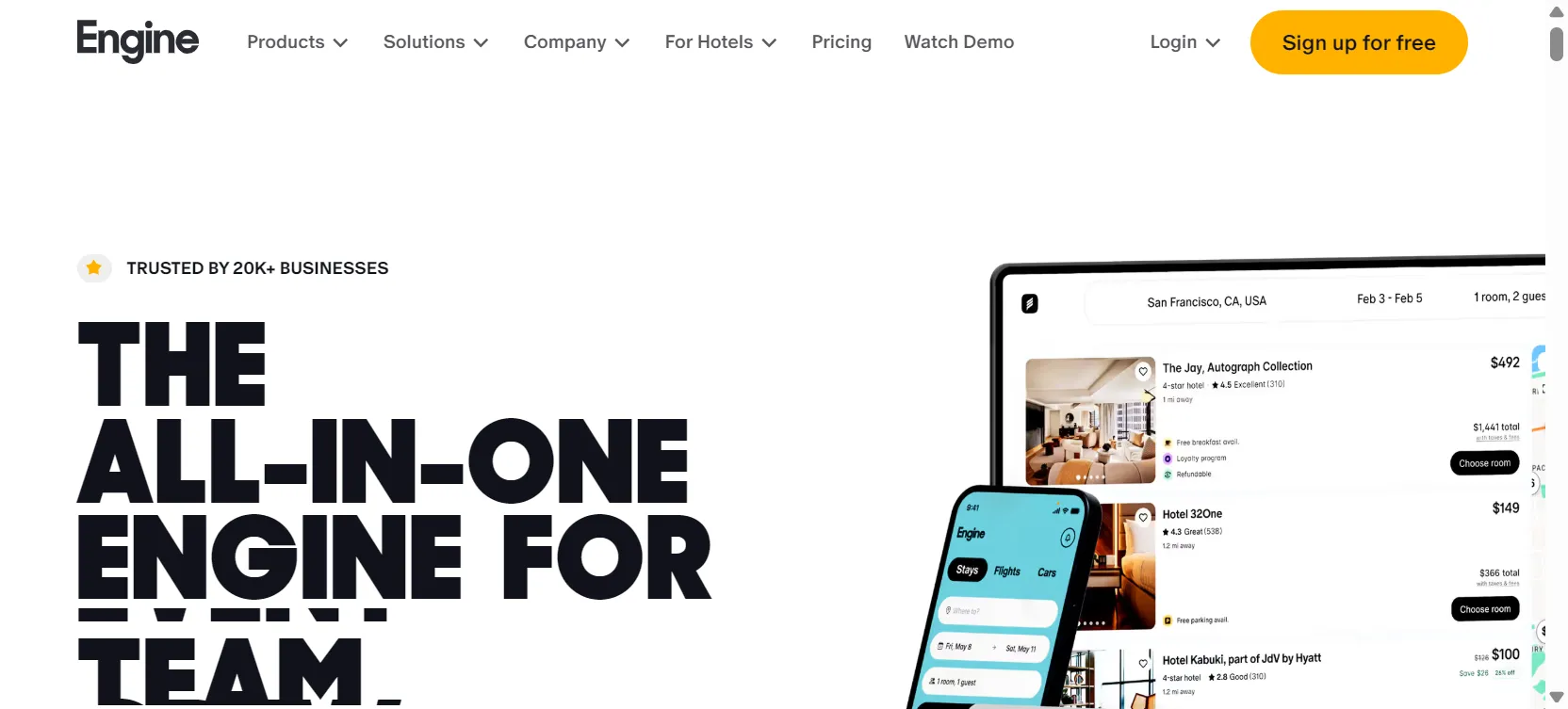 Engine's homepage at engine.com, the all-in-one travel platform for work teams
