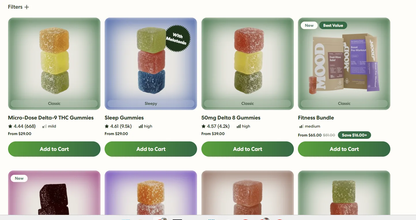 The Mood range: gummies, flower, prerolls, vapes and drinks, all shipped legally by mail.