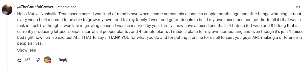A long, specific YouTube comment from a real viewer acting on what the host said