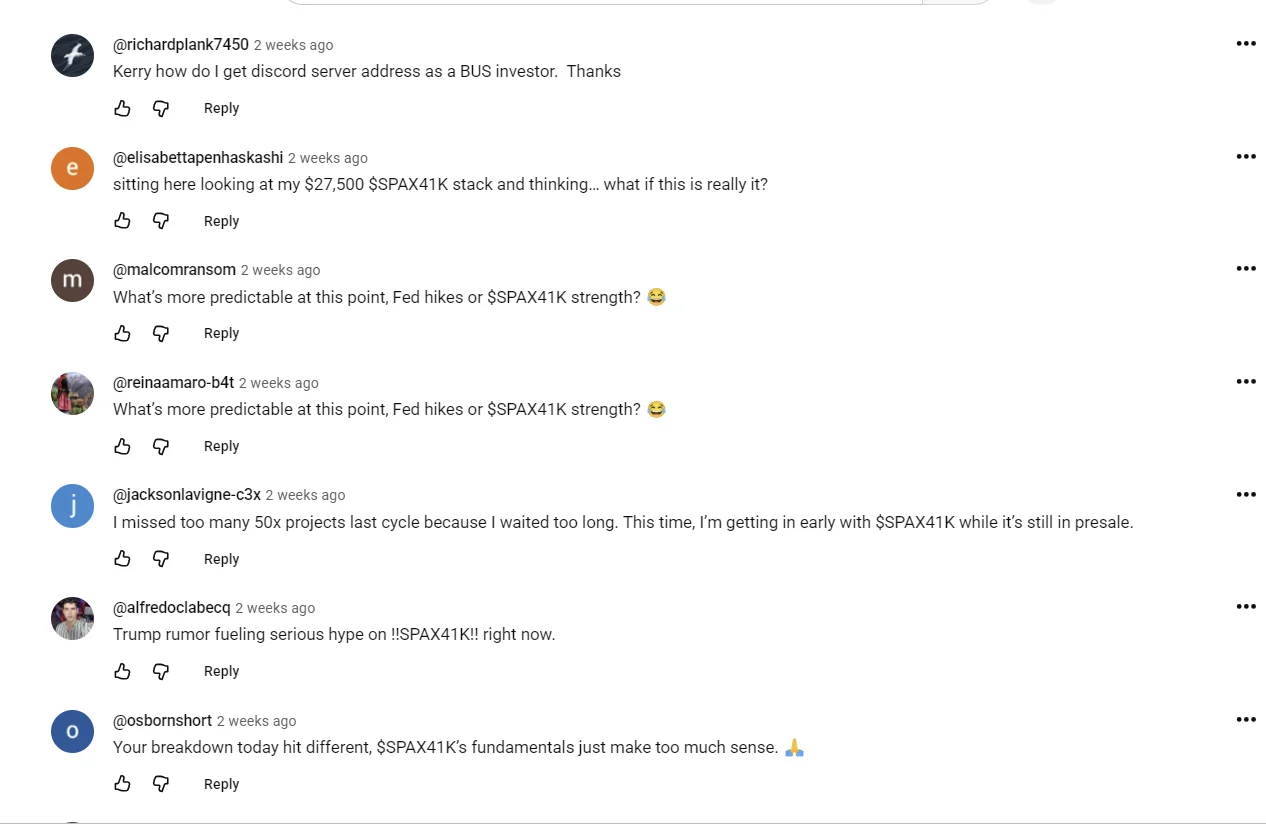 A YouTube comment thread full of near-identical shill comments