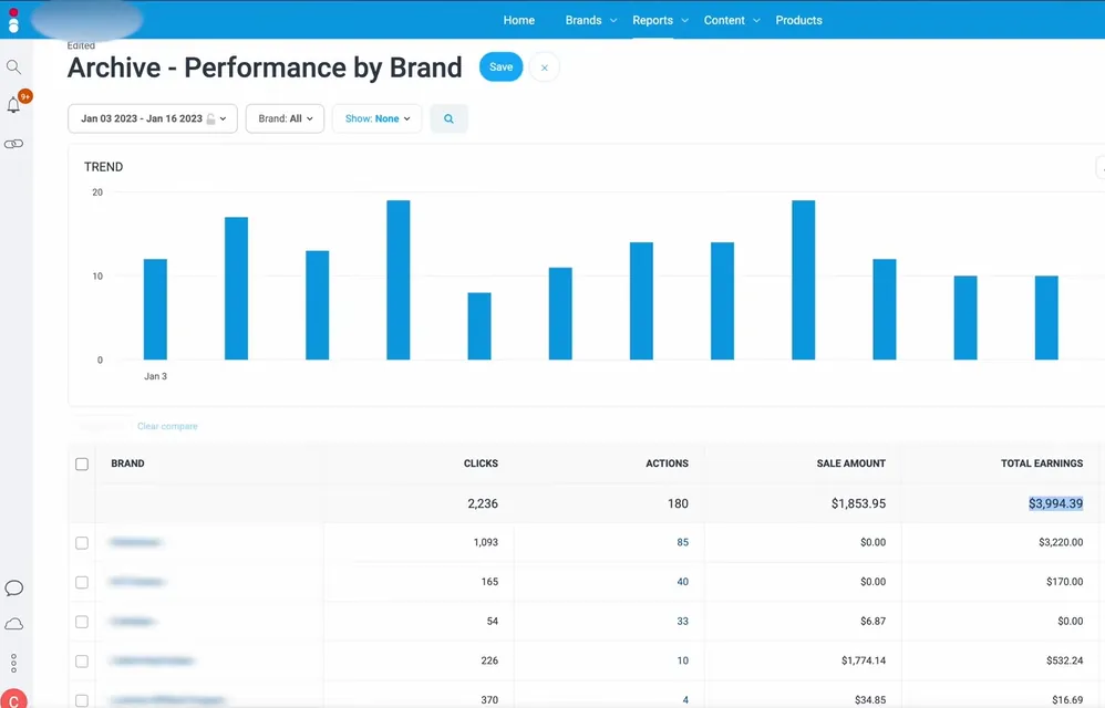 The same affiliate tracking job in Impact, shown on a similar brand's account