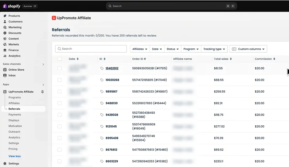 Affiliate tracking with UpPromote on Shopify, shown on a similar brand's account