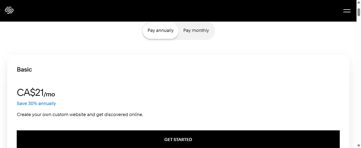 The Squarespace pricing page showing a free 14-day trial, pay-annually billing and the Basic plan price