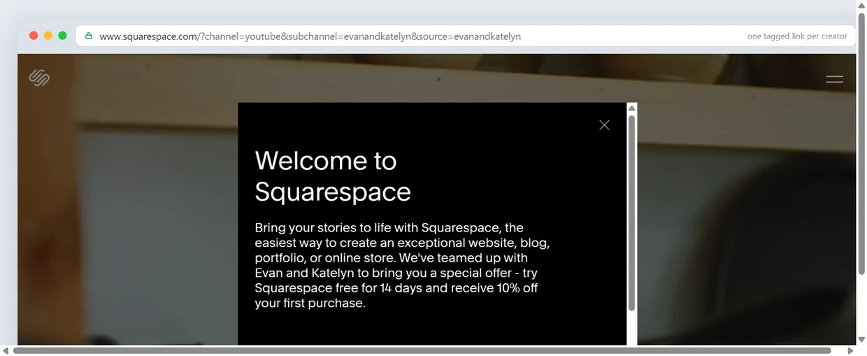 Where squarespace.com/evanandkatelyn lands, a co-branded landing page naming the creator and offering a free 14-day trial plus 10% off, with the channel tracked in the URL