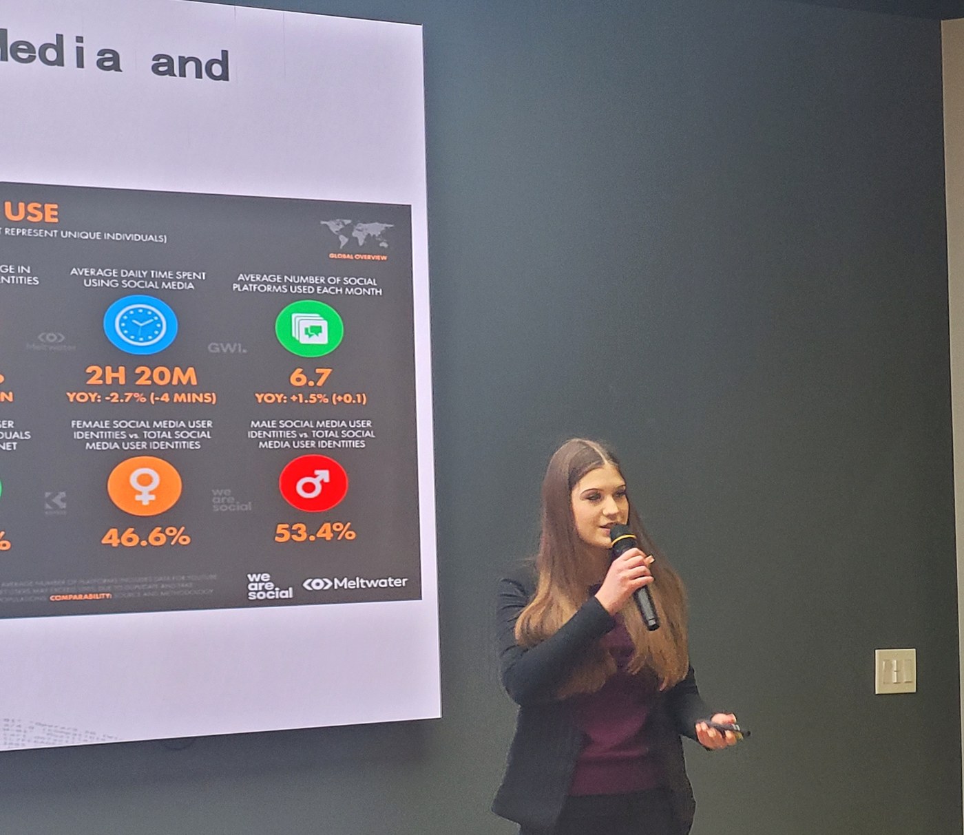 Alice presenting the audience numbers at an industry talk