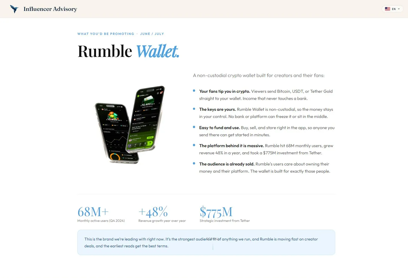 The Rumble Wallet creative overview we built, slide 1