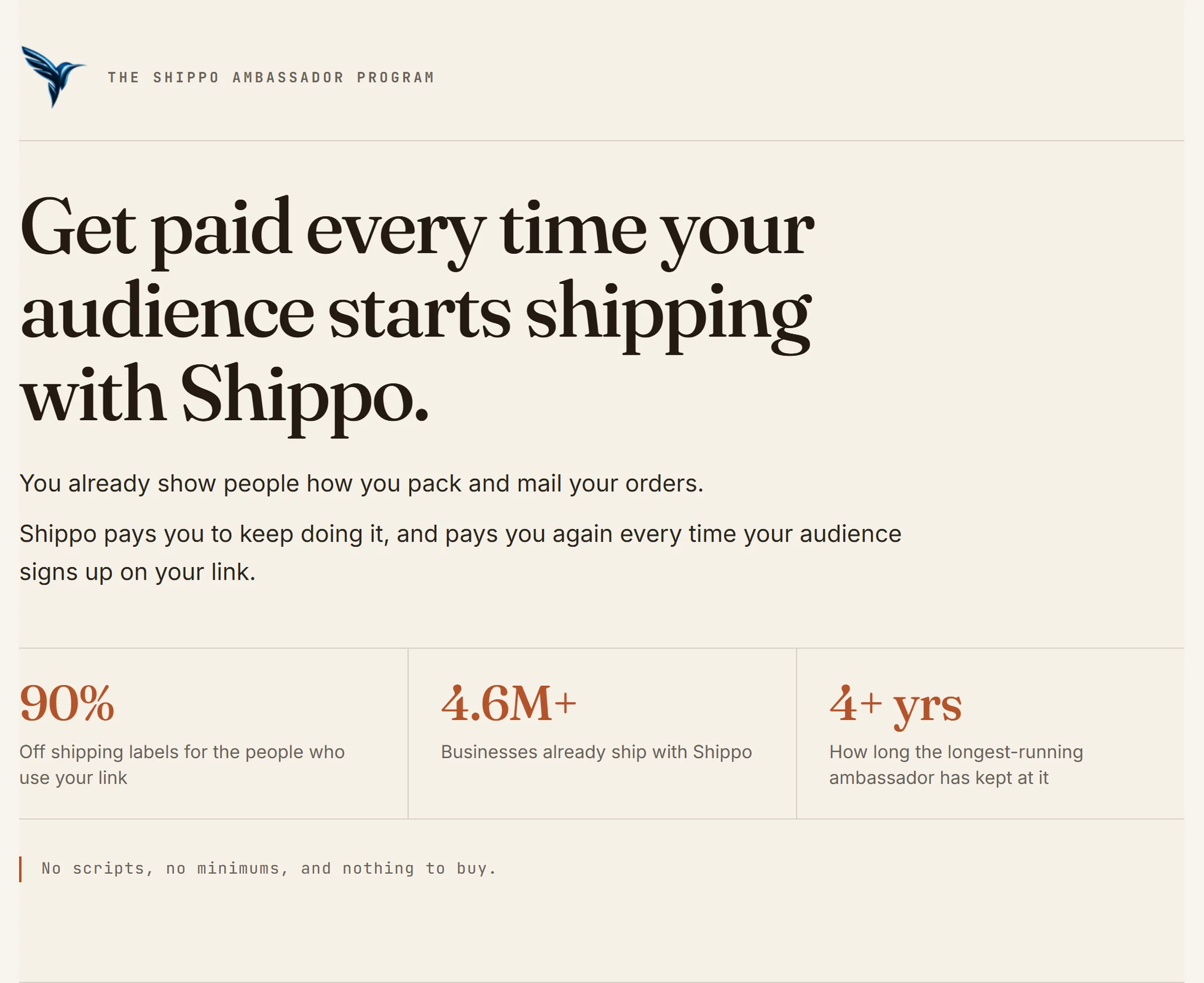 The creator pitch we built for Shippo, as it is live today, slide 1