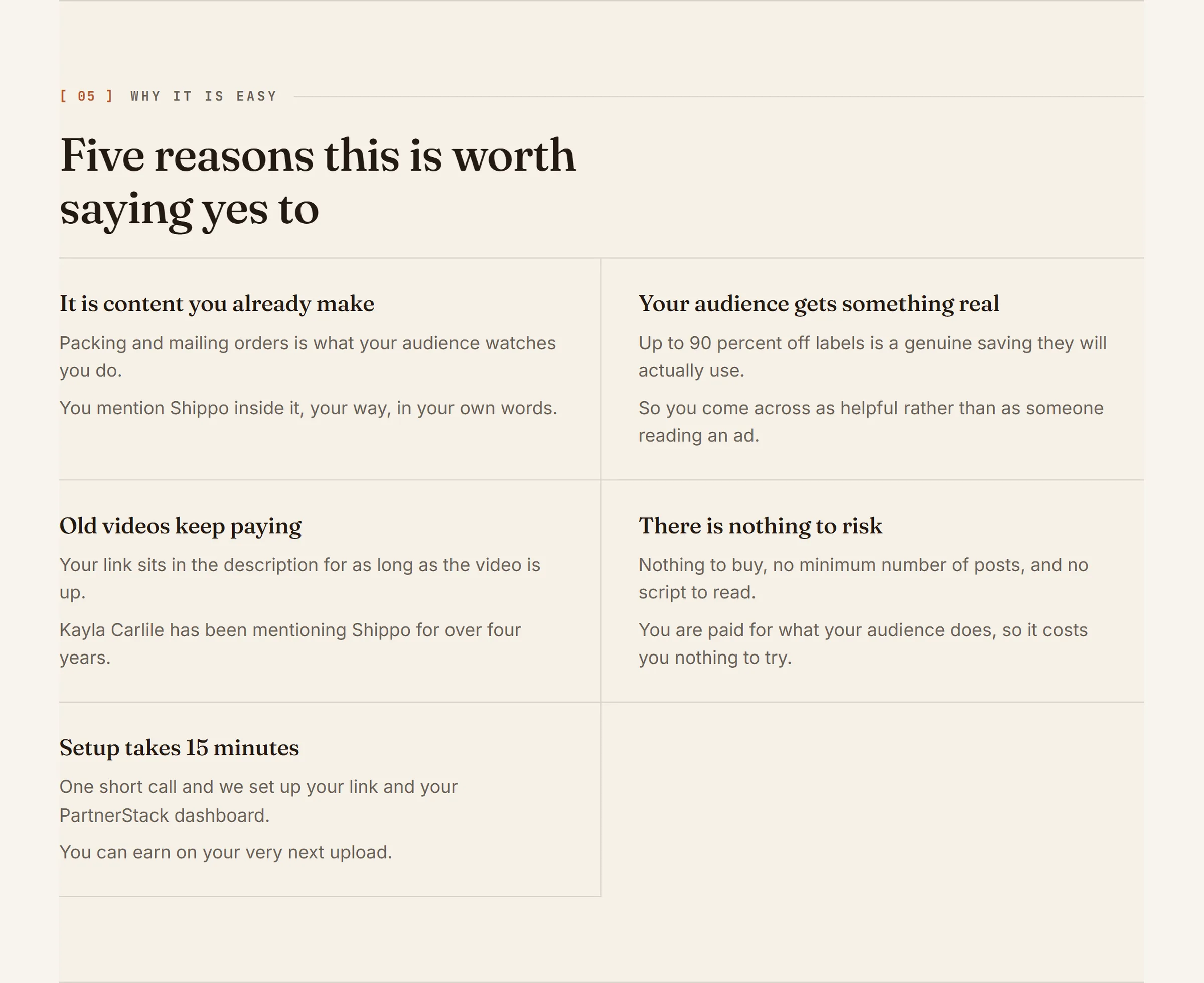 The creator pitch we built for Shippo, as it is live today, slide 6