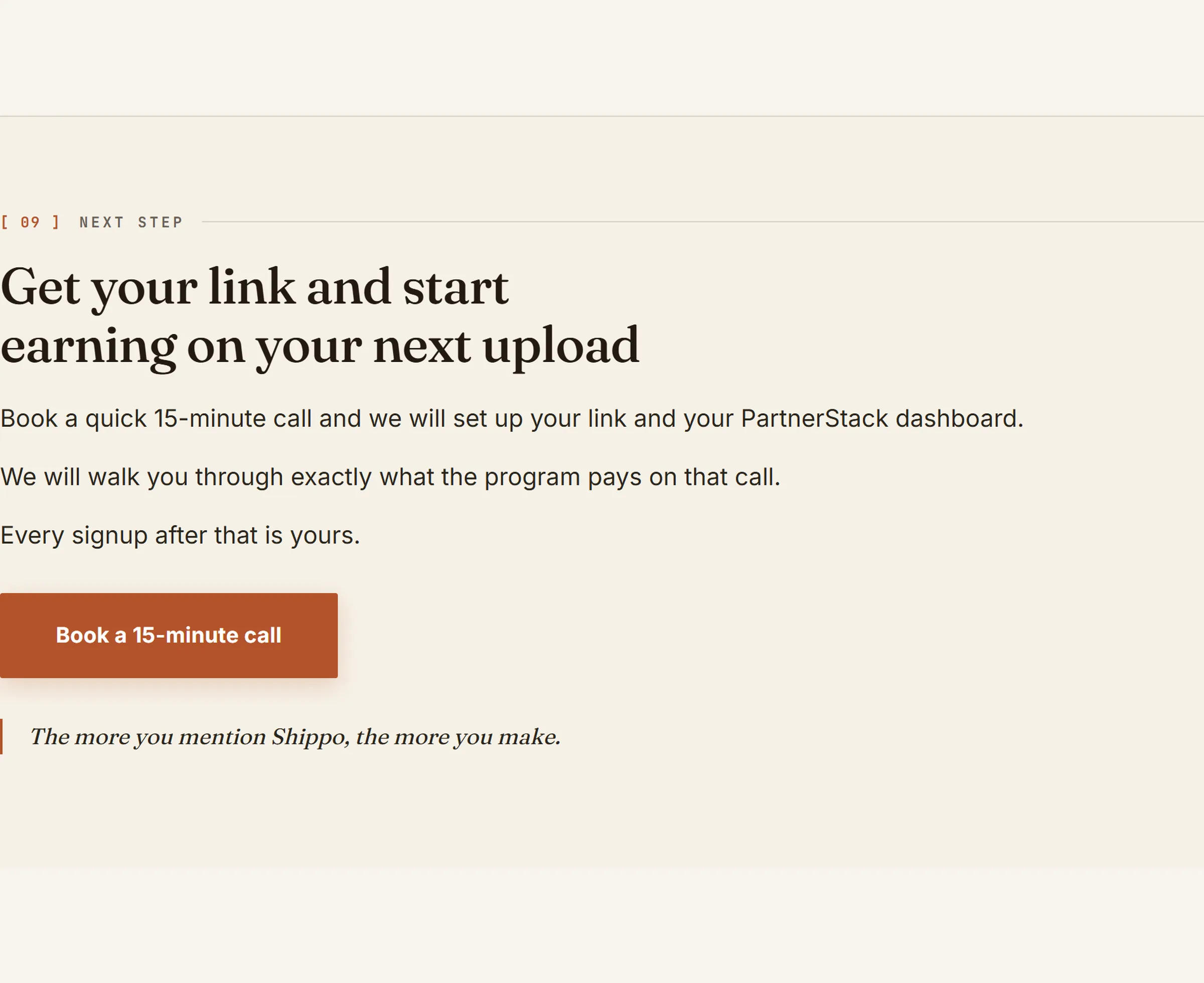 The creator pitch we built for Shippo, as it is live today, slide 17
