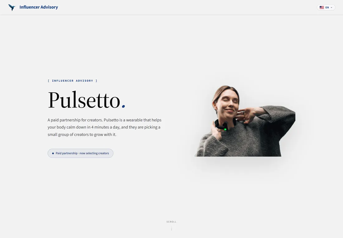 The creator partnership page we built for Pulsetto