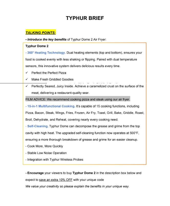 The Typhur brief, the talking points every creator is briefed against