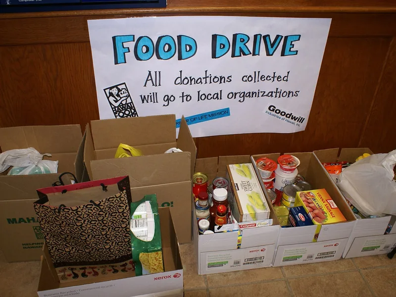 Boxes of donated food under a Food Drive sign