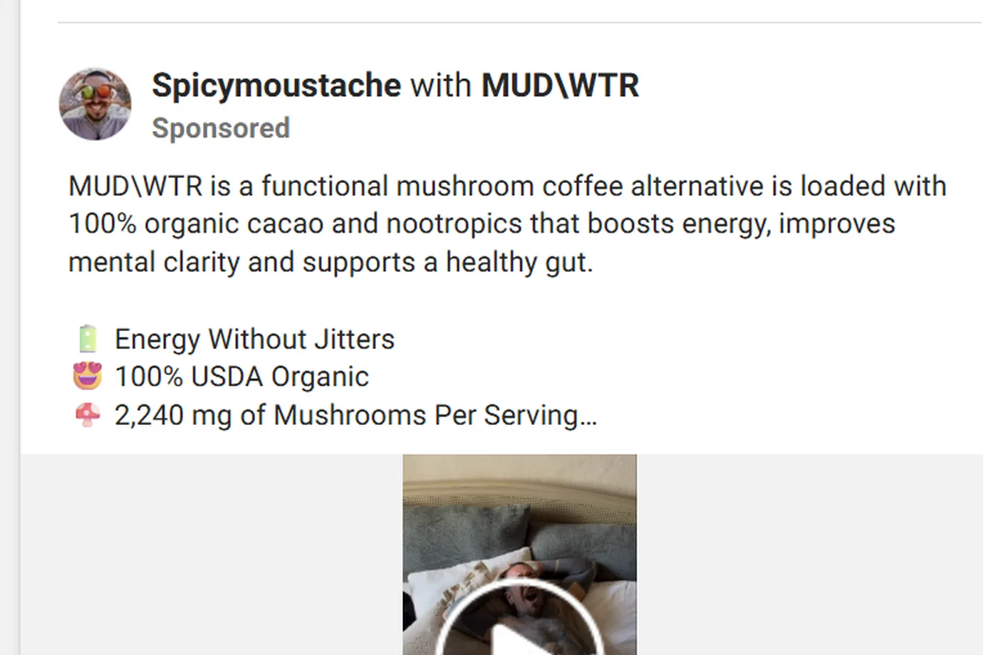 A creator&rsquo;s MUD\WTR video running as a partnership ad