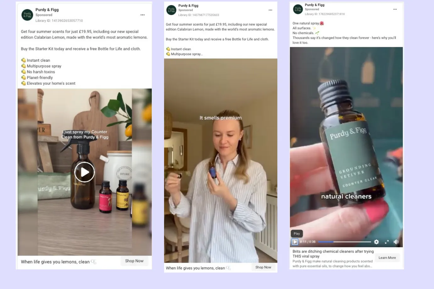 Three Purdy & Figg Meta ads made from creator videos