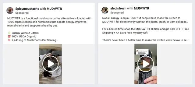 Two MUD\WTR partnership ads on Meta, each running from a creator’s own handle and marked Sponsored