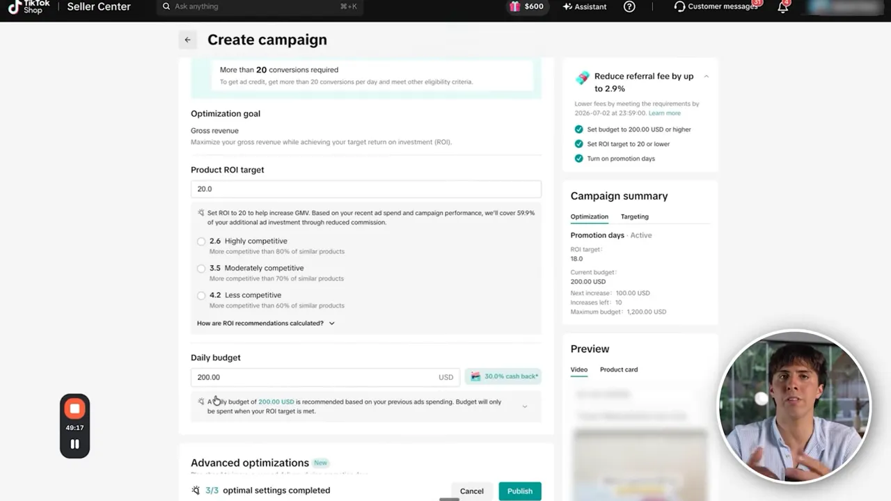Target ROI and daily budget, then Publish
