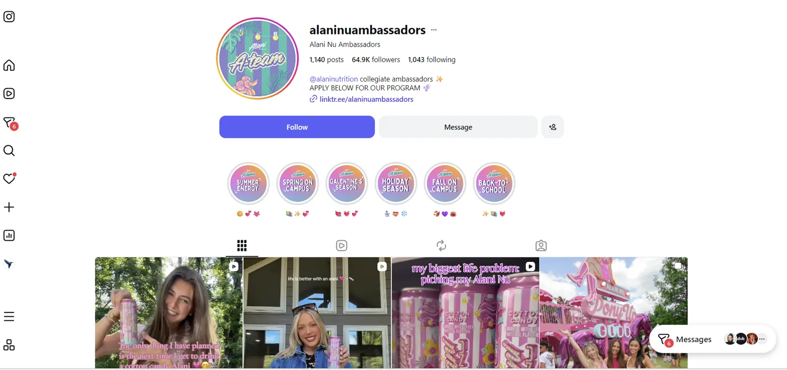 The @alaninuambassadors Instagram profile, a dedicated ambassador-program account