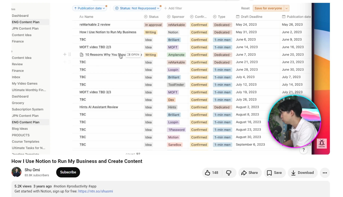 A YouTube video titled How I Use Notion to Run My Business and Create Content