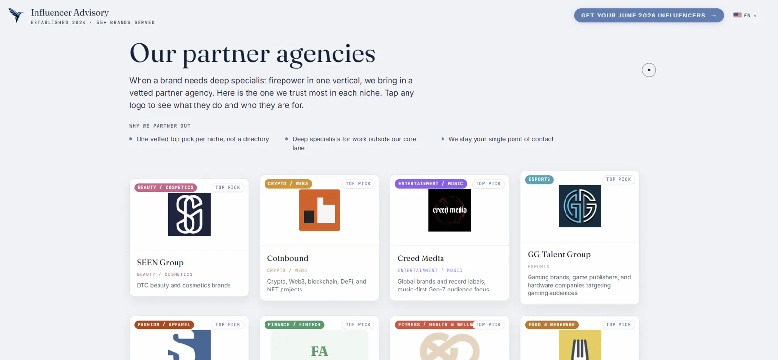 Our partner agencies: SEEN Group, Coinbound, Cred Media, GG Talent Group