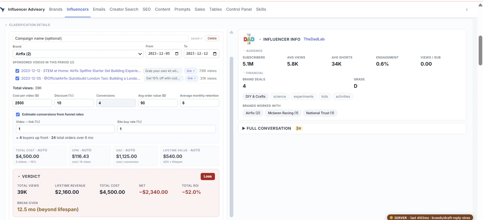 A dashboard view of a creator who underperformed, few returning viewers