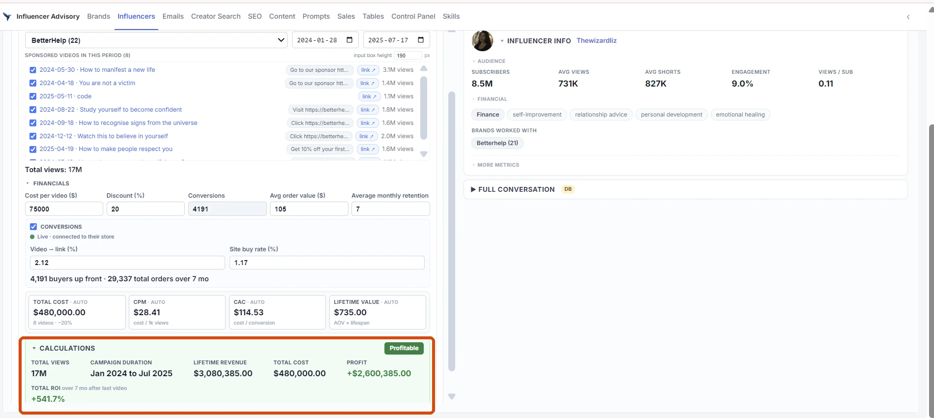 A campaign we measured: BetterHelp with Thewizardliz, $480K to $3.08M, plus 541.7% return