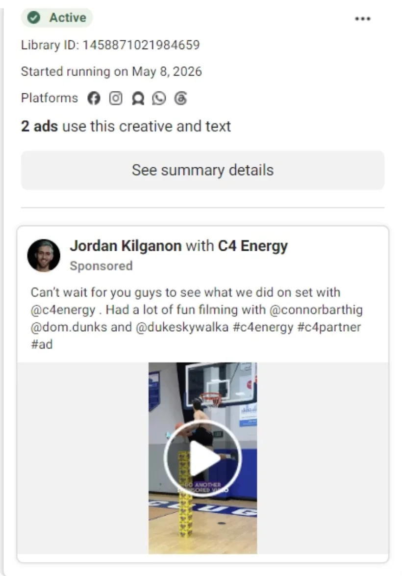 Meta Ad Library card: Jordan Kilganon running a whitelisted C4 Energy ad