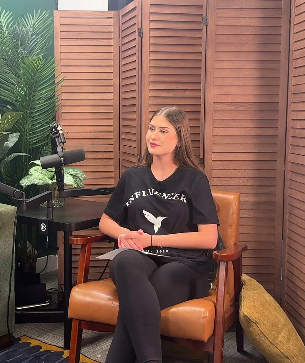 Alice on the podcast set