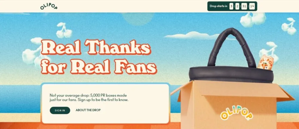 Olipop&rsquo;s drop page offering 5,000 PR boxes to fans