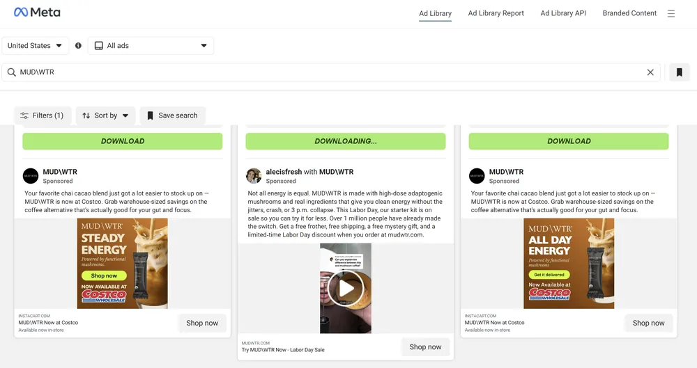 The Meta Ad Library search for MUD\WTR, brand ads beside a creator&rsquo;s ad