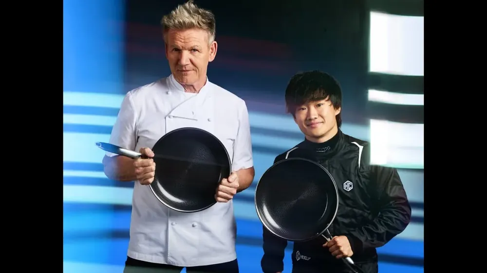 Gordon Ramsay and Yuki Tsunoda each holding a HexClad pan, from a HexClad commercial
